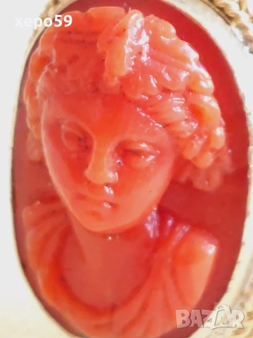 Дамски златен пръстен 14к с инкрустирана коралова камея, снимка 18 - Пръстени - 52624282
