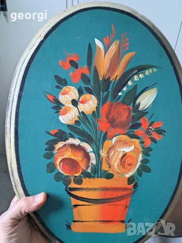 дървено изрисувано с маслени бои пано за стена с цветя 10/3, снимка 3 - Пана - 48929582