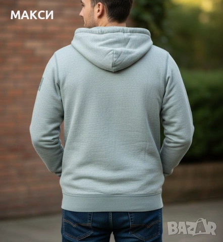 Много меко, еластично и модерно горнище с качулка+връзки, метален цип и джобове в сиво индиго /аутле, снимка 2 - Суичъри - 53168269