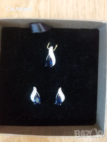 Сребърен комплект 925 обеци с висулка сапфир и цирконии , снимка 4 - Бижутерийни комплекти - 51623621