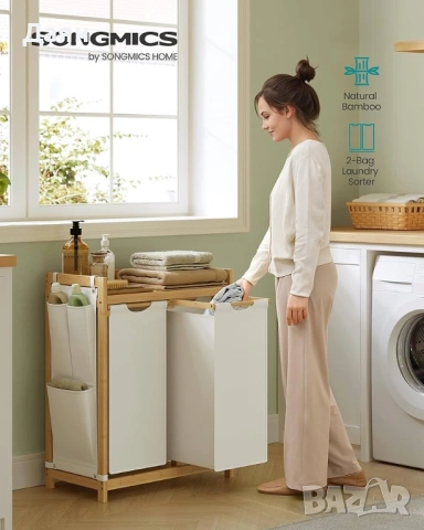 Бамбуков кош за пране SONGMICS 2x50L с рафт и странични джобове , снимка 5 - Други стоки за дома - 53247459