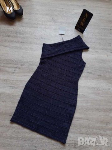Нова колекция рокля в тъмно син цвят с брокат и едно рамо на намаление, снимка 1 - Рокли - 27695469