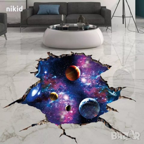 3D Дупка в стена напукана планети небе стикер лепенка за таван под плочки стена самозалепващ