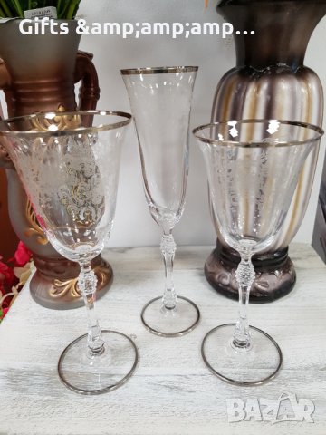 Комплект от 6 чаши кристалин BOHEMIA със сребърен кант, снимка 1