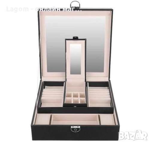 Кутия за бижута и часовници с огледало, отделящи се отделения и ключалка с ключ, екокожа, снимка 4 - Подаръци за жени - 52688995