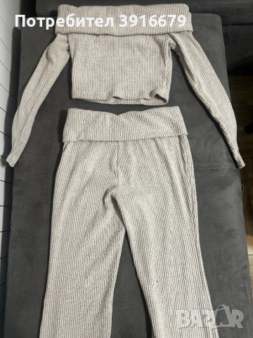 Сив панталон с широк крачол и ниска талия + горнище без презрамки , снимка 2 - Комплекти - 51967545