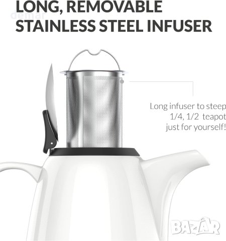 Verre Collection Керамичен чайник с термоустойчива дръжка и подвижен стоманен инфузер 1400 ml бял, снимка 8 - Аксесоари за кухня - 44070749
