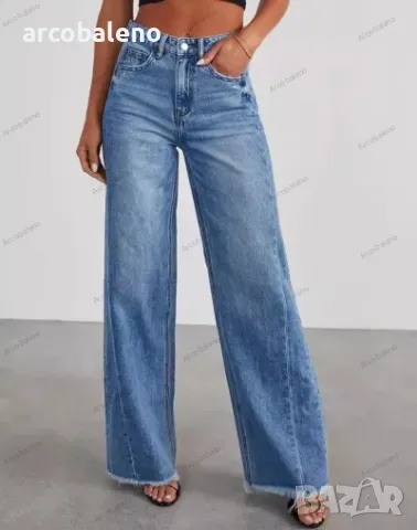 Ликвидация! Широки дамски дънки с протрит подгъв и странични шевове - Доставка 24 часа 