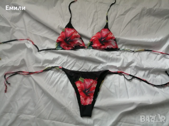 Нов комплект дамски бански от две части с принт цветя хибискус р-р M, L, снимка 4 - Бански костюми - 50620476