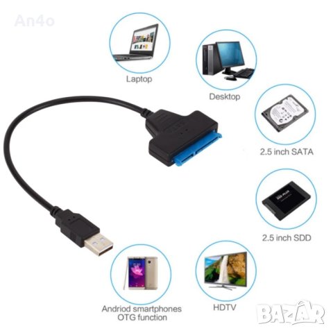 USB кабел за връзка към хардиск 2.5", USB към HDD/SSD, SATA 2 и 3, снимка 1 - Кабели и адаптери - 39545760