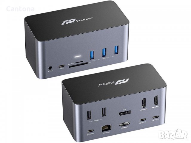 FlePow 17-in-1 USB-C Hub - до 4 дисплея ,Аудио, Gigabit Ethernet, 5 USB порта, 100 W USB-C PD, SD/Mi
