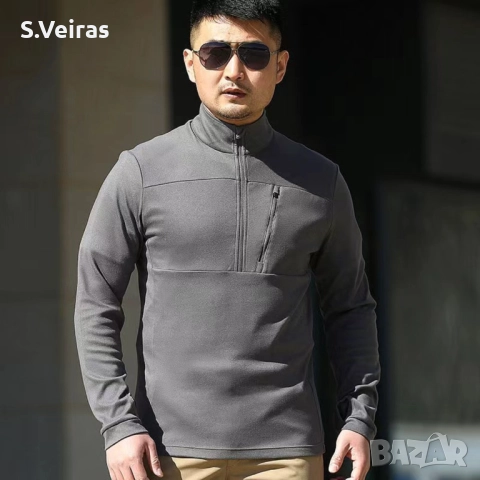 Мъжки пуловер, с дълъг ръкав и джоб, кадифен пуловер, Slim Fit, Цвят-Сив, снимка 3 - Пуловери - 52857896