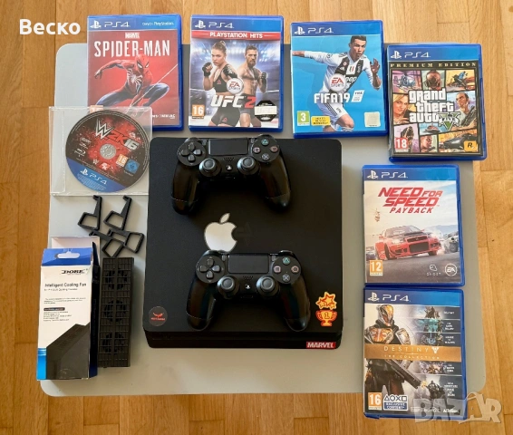 PlayStation 4 Slim 1TB + 2 джойстика + 7 игри + охлаждане