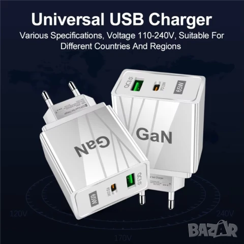 Бързо зарядно за телефон 65W PD QC3.0, снимка 4 - Оригинални зарядни - 51235642