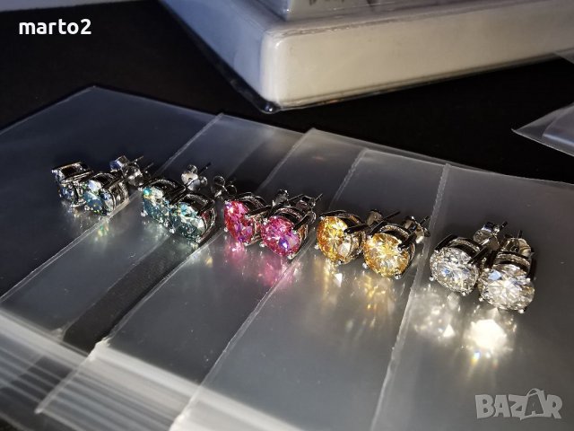 Сребърни Обеци с по 1 Карат Мойсанит-Розов, Жълт, Зелен, Сино-Зелен, Бял , снимка 2 - Обеци - 38762837