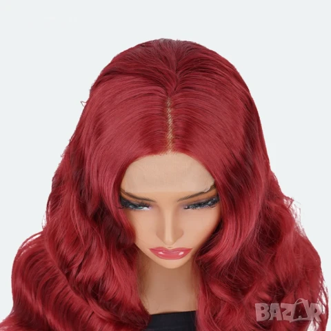 Тъмно червена бордо синтетична перука с дантела, снимка 2 - Аксесоари за коса - 50776843