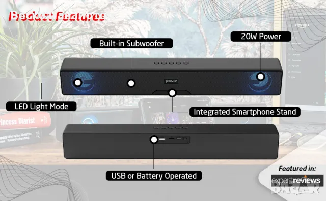 Groov-e Soundbar 20W - Преносима Bluetooth звукова лента с USB, снимка 7 - Тонколони - 49194134