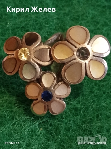 Артистичен сребърен пръстен венчелистчета с Кралски Седеф и кристали Арт бижу 19962, снимка 3 - Пръстени - 52982502