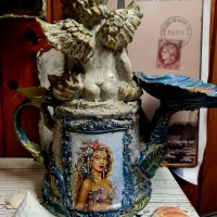 Уникален свещник или бижутерка от чайник ,миди и ангели Mermaid , снимка 2 - Декорация за дома - 38638110
