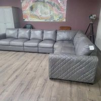 Голям сив кожен ъглов диван, снимка 8 - Дивани и мека мебел - 43290361