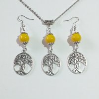 Слънчев комплект бижута с овални медальони Дървото на живота и порцеланови мъниста , снимка 2 - Бижутерийни комплекти - 32892324