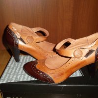 Кафяви дамски половинки с каишка-естествена кожа, снимка 2 - Дамски обувки на ток - 28446488