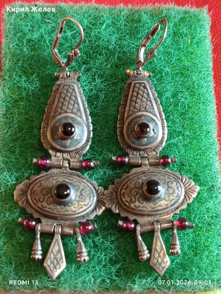 Колекционерски сребърни обеци ГРАНАТ,ОНИКС ЯПОНСКИ СТИЛ ювелирна изработка 50808, снимка 1