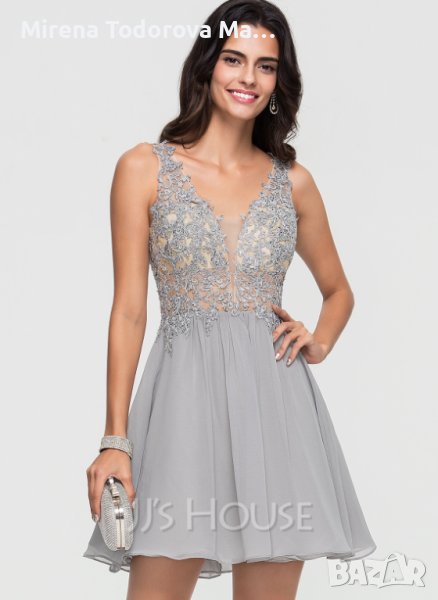 Абитуриентскa рокля. А-силует къса мини шифонова рокля за завръщане с V-образно деколте и мъниста. E, снимка 1