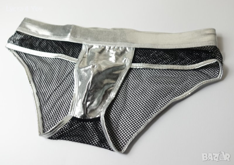 XL нови мъжки еротични слипове в сребристо и черна мрежа, снимка 1
