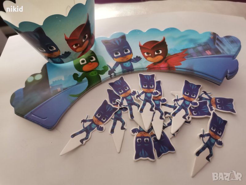 PJMASKS PJ Masks PJ Mask 12 топери и кошнички украса декорация за мъфини кексчета торта и парти, снимка 1