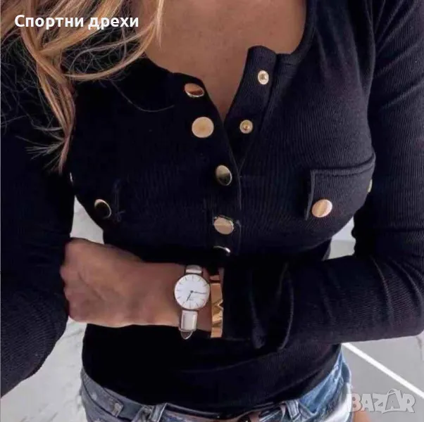 дамски рипсени блузи в бежаво и в черно с копчета на деколтето, снимка 1