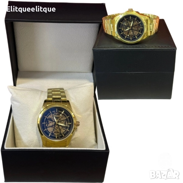 Луксозен автоматичен мъжки часовник LEIYI със златист корпус и син скелетон циферблат, снимка 1