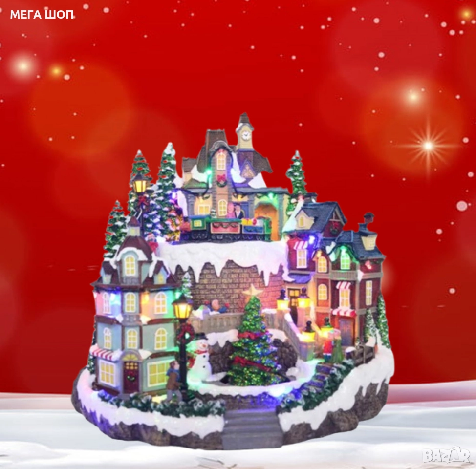 Празнична коледна сцена с LED осветление – Ръчно изработена декорация, снимка 1