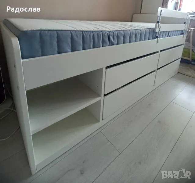 Детско легло SLAKT (IKEA) с подматрачна рамка, парапет и 4 чекмеджета, снимка 1