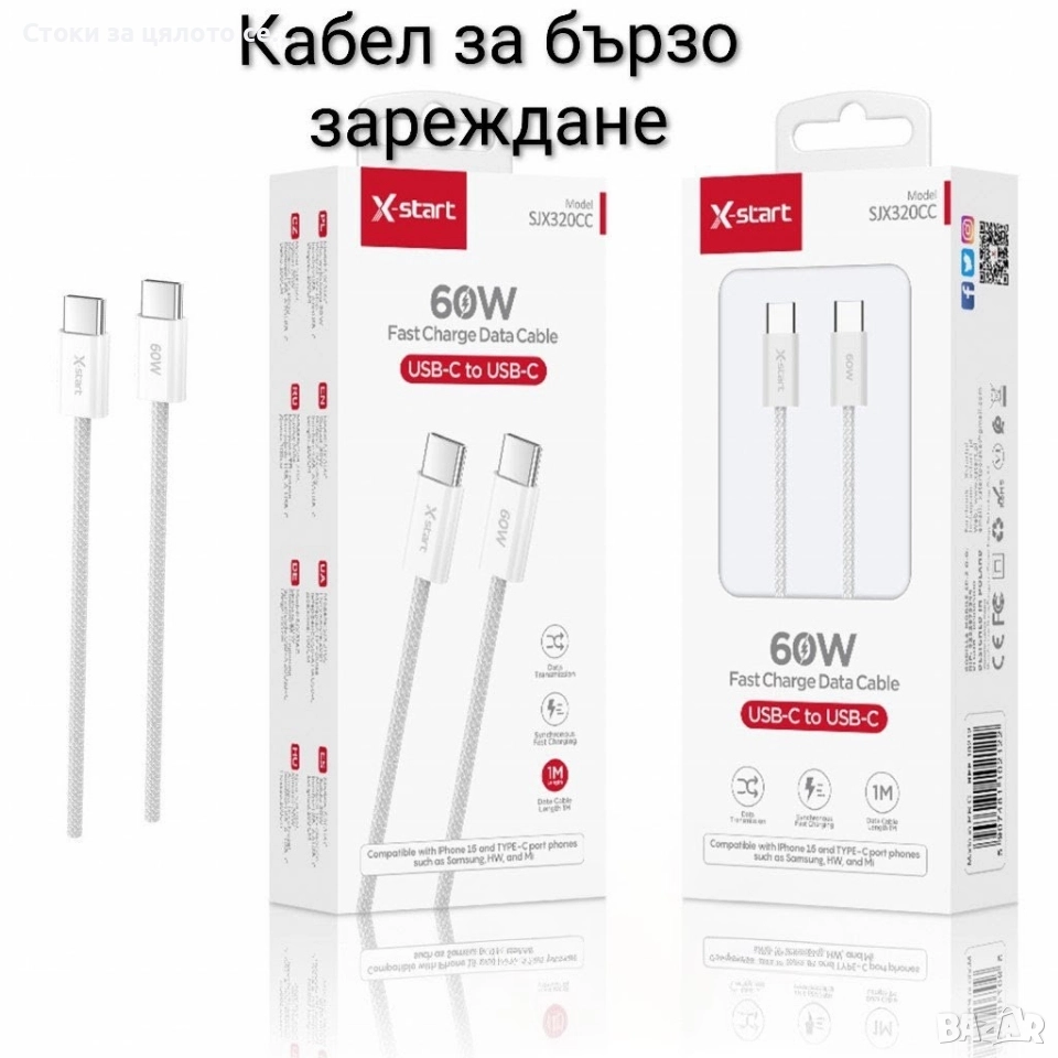 Кабел за бързо зареждане USB-C to USB-C 60W, снимка 1