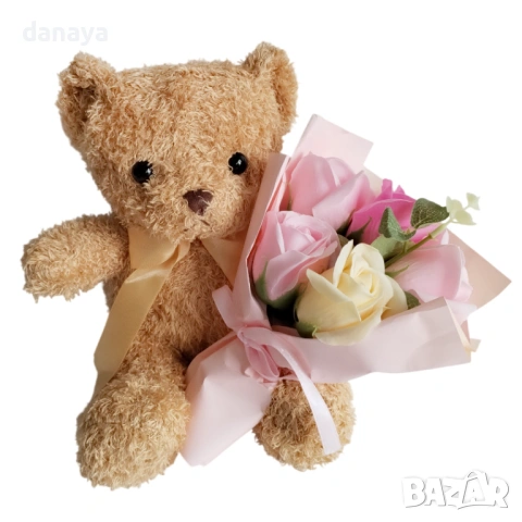 6376 Плюшено мече с букет рози в подаръчна кутия, романтичен подарък, 27 см, снимка 7 - Декорация за дома - 53291418