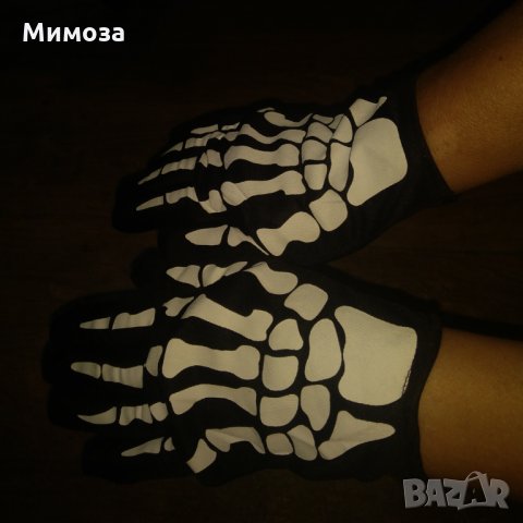 Черни елегантни ръкавици с пет пръста с щампа на скелет за Хелоуин, снимка 4 - Ръкавици - 34570610