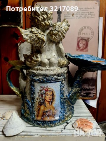 Уникален свещник или бижутерка от чайник ,миди и ангели Mermaid , снимка 2 - Декорация за дома - 38638110