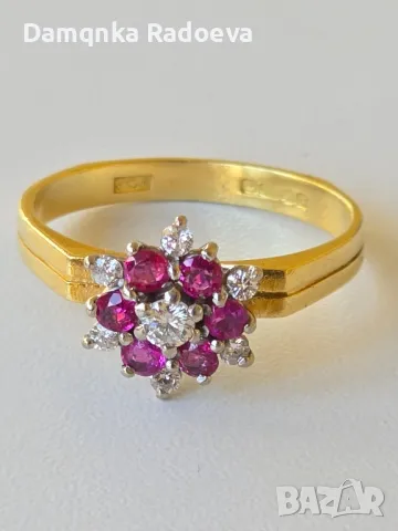 Златен пръстен с Диаманти и Рубини 18 карата проба 750, снимка 13 - Пръстени - 49783320