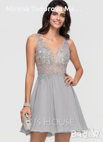 Абитуриентскa рокля. А-силует къса мини шифонова рокля за завръщане с V-образно деколте и мъниста. E
