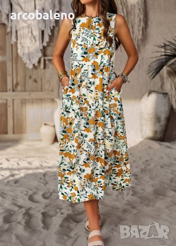 Пролетна и лятна свободна празнична рокля с многослоен принт с деколте, 5цвята, снимка 11 - Рокли - 44106385