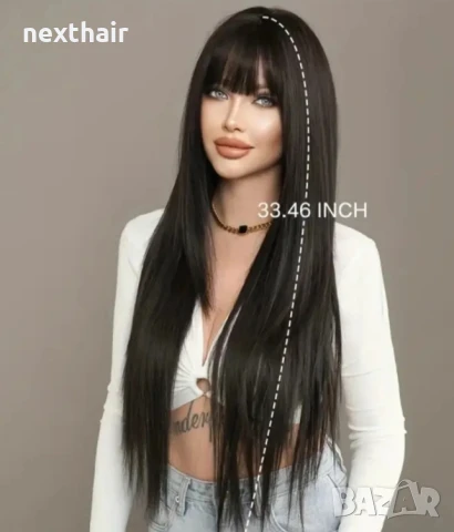 Дълга 80 см тъмно кафява към черна права перука на пластове зигзаг път, снимка 8 - Аксесоари за коса - 50939093