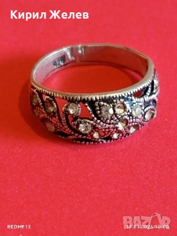 Ретро сребърен пръстен с инкрустирани кристали МАРКАЗИТ флорален мотив майстоска изработка 52665, снимка 6 - Пръстени - 53069581