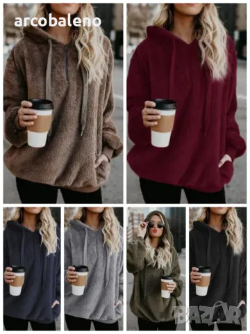Дамски поларен суичър с качулка и джоб с връзки, 6цвята 