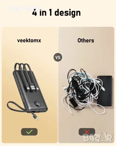 VEEKTOMX 10000mAh Power Bank с вградени кабели за iPhone/Android,тънка/бързо зареждане/USB-C, снимка 4 - Външни батерии - 49308594