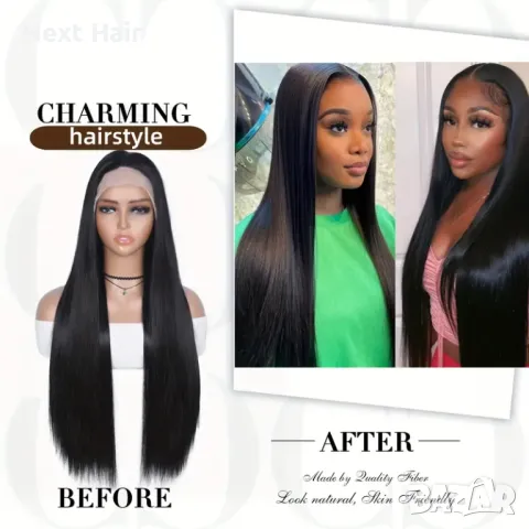 Черна висококачествена лейс фронт дълга права перука с дантела, снимка 5 - Аксесоари за коса - 48459536