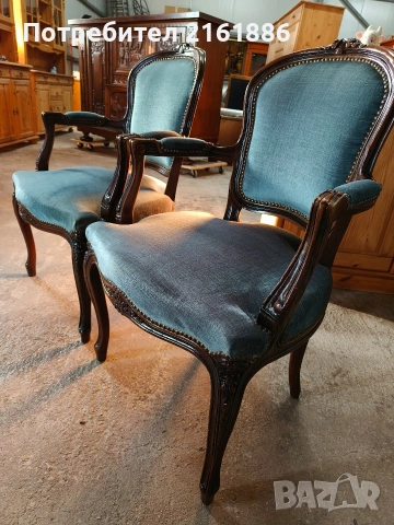 Дъбово кресло с дърворезба и плюшена дамаска , снимка 2 - Дивани и мека мебел - 53118174