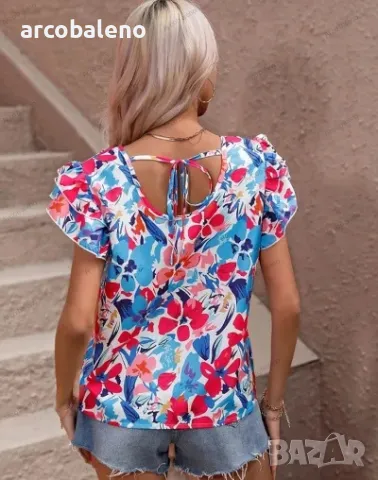 Дамска лятна модна двуслойна риза с къс ръкав с флорален принт, 4цвята , снимка 9 - Ризи - 40394598
