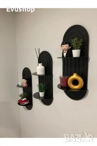 Дървена стенна етажерка черна 3 броя, снимка 3 - Етажерки - 50178243