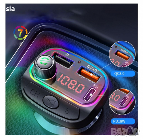 Трансмитер за кола, Bluetooth, AUX, USB, Type C, RGB , снимка 7 - Аксесоари и консумативи - 36534956